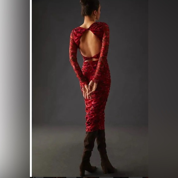 NWT MISA for Anthropologie Red Mesh Cutout Bodycon Dress size Medium M - Picture 4 of 7